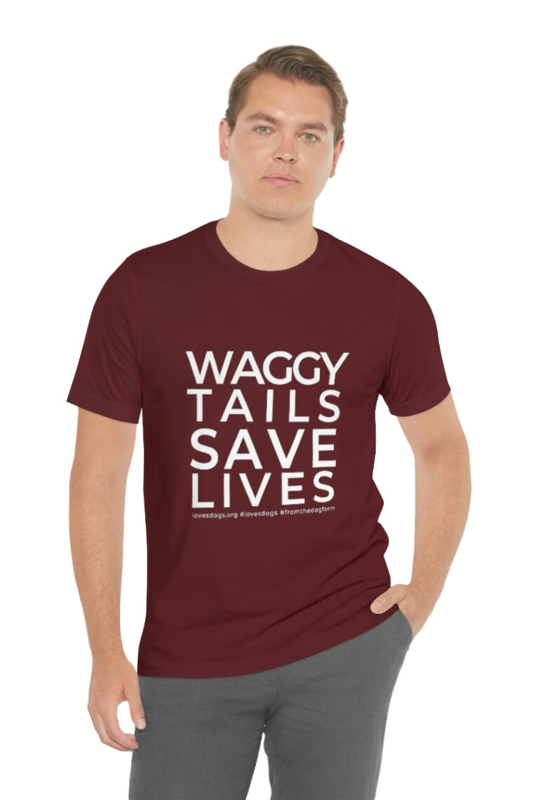 Waggy Tails Save Lives (white logo, front only) Unisex Jersey Short Sleeve Tee - Image 95