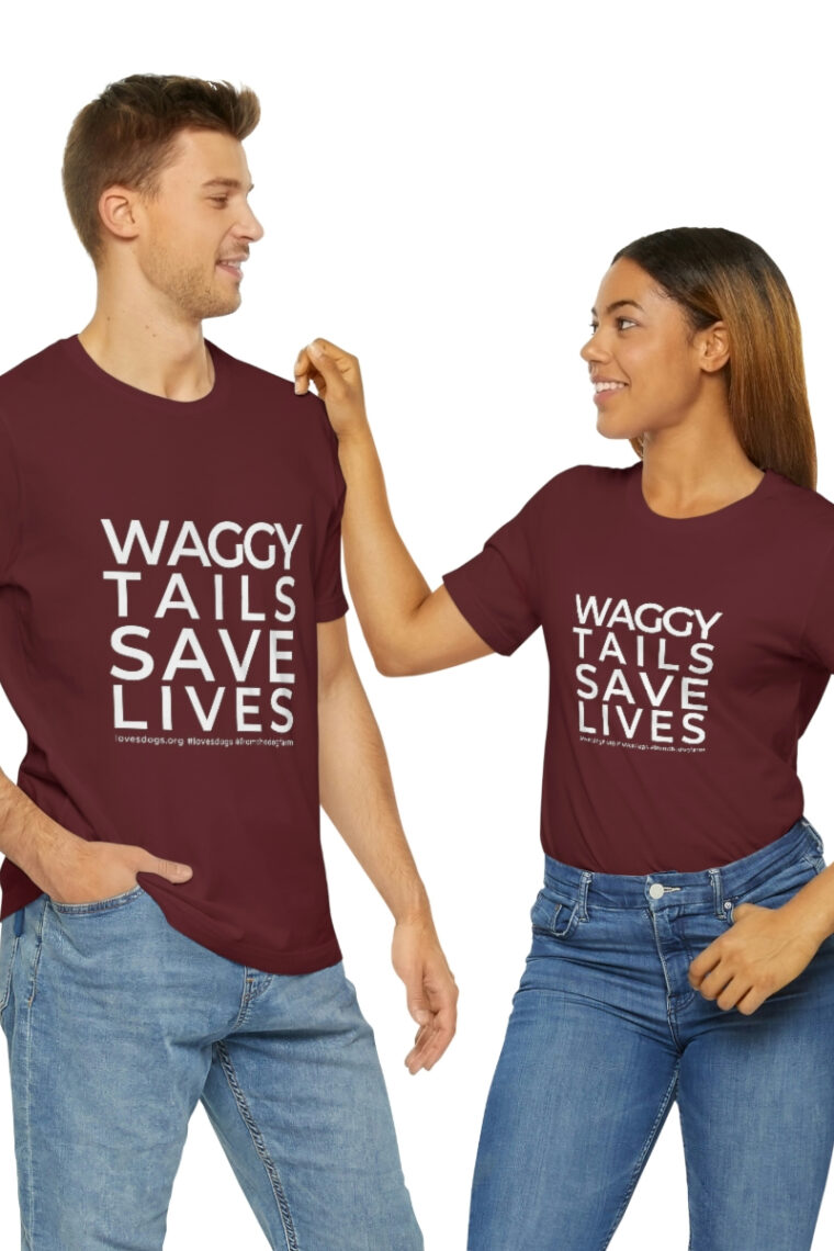 Waggy Tails Save Lives (white logo, front only) Unisex Jersey Short Sleeve Tee - Image 99