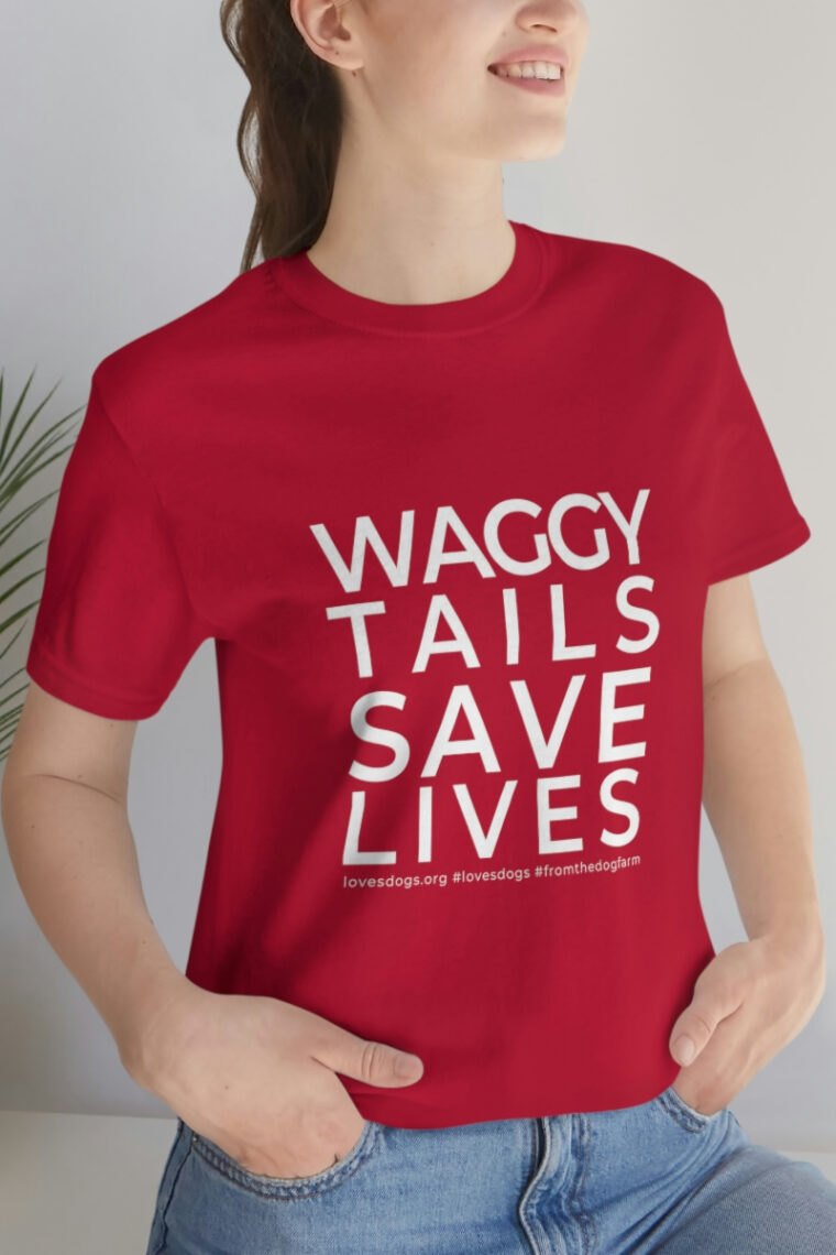 Waggy Tails Save Lives (white logo, front only) Unisex Jersey Short Sleeve Tee - Image 105