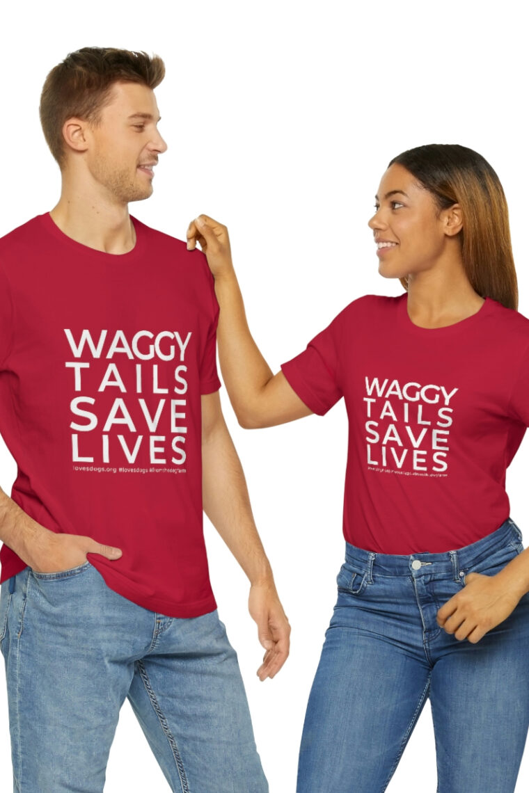 Waggy Tails Save Lives (white logo, front only) Unisex Jersey Short Sleeve Tee - Image 108