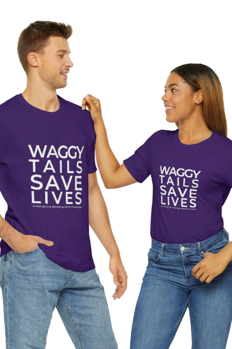 Waggy Tails Save Lives (white logo, front only) Unisex Jersey Short Sleeve Tee - Image 90