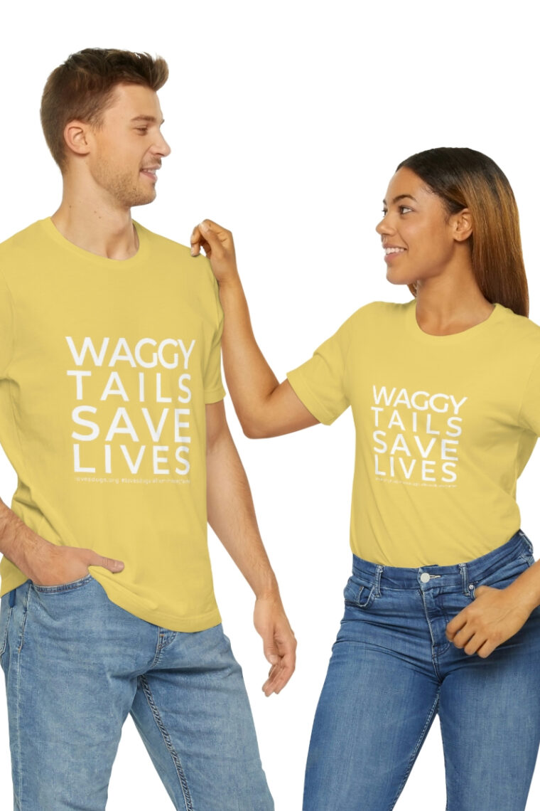 Waggy Tails Save Lives (white logo, front only) Unisex Jersey Short Sleeve Tee - Image 36