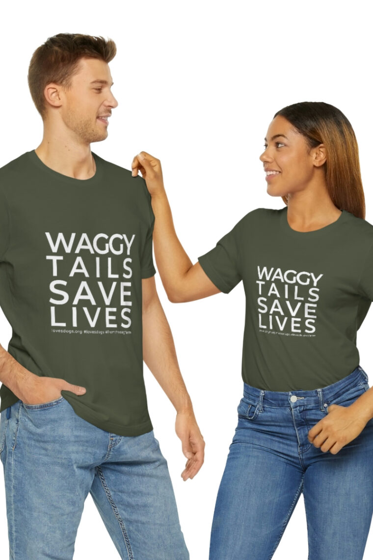 Waggy Tails Save Lives (white logo, front only) Unisex Jersey Short Sleeve Tee - Image 45