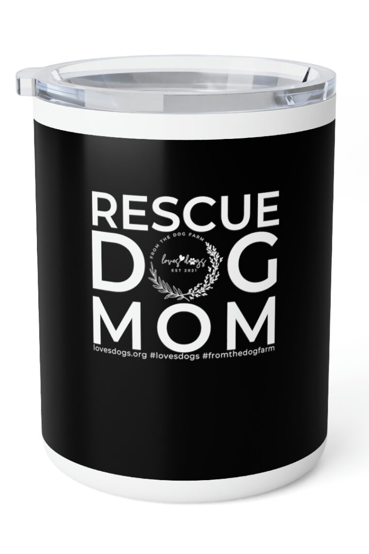 Rescue Dog Mom (white logo, black background) Insulated Coffee Mug, 10oz