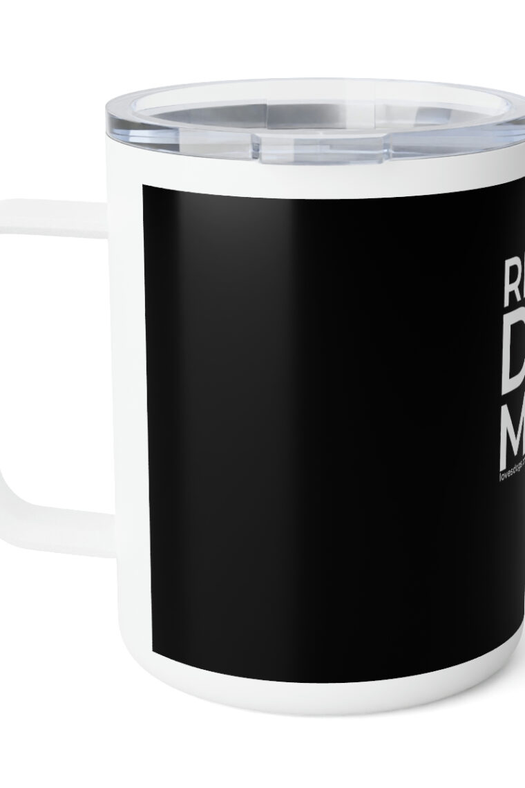 Rescue Dog Mom (white logo, black background) Insulated Coffee Mug, 10oz - Image 3