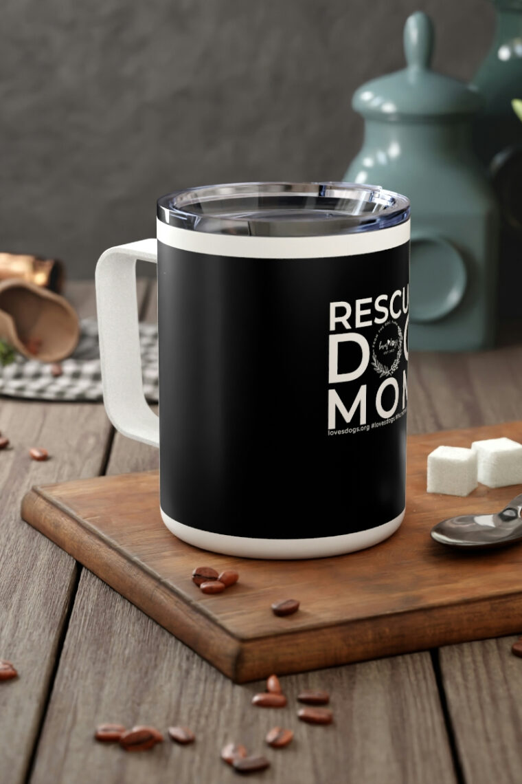 Rescue Dog Mom (white logo, black background) Insulated Coffee Mug, 10oz - Image 6