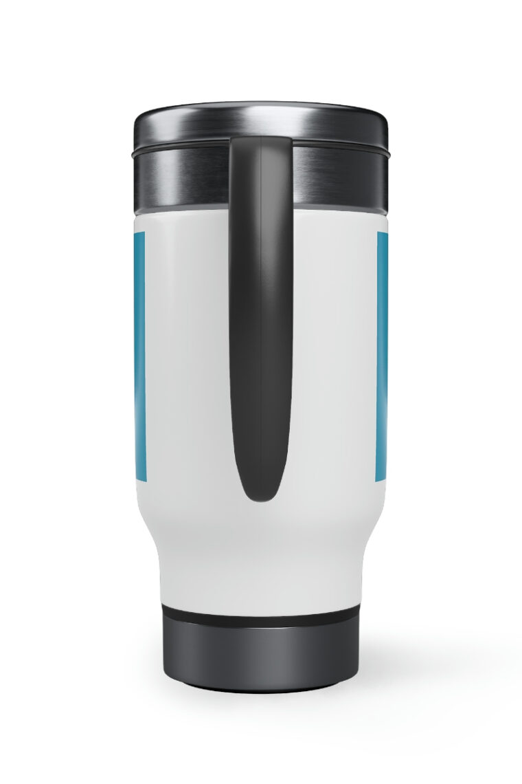 Dog Mom (white logo, turquoise) Stainless Steel Travel Mug with Handle, 14oz - Image 2