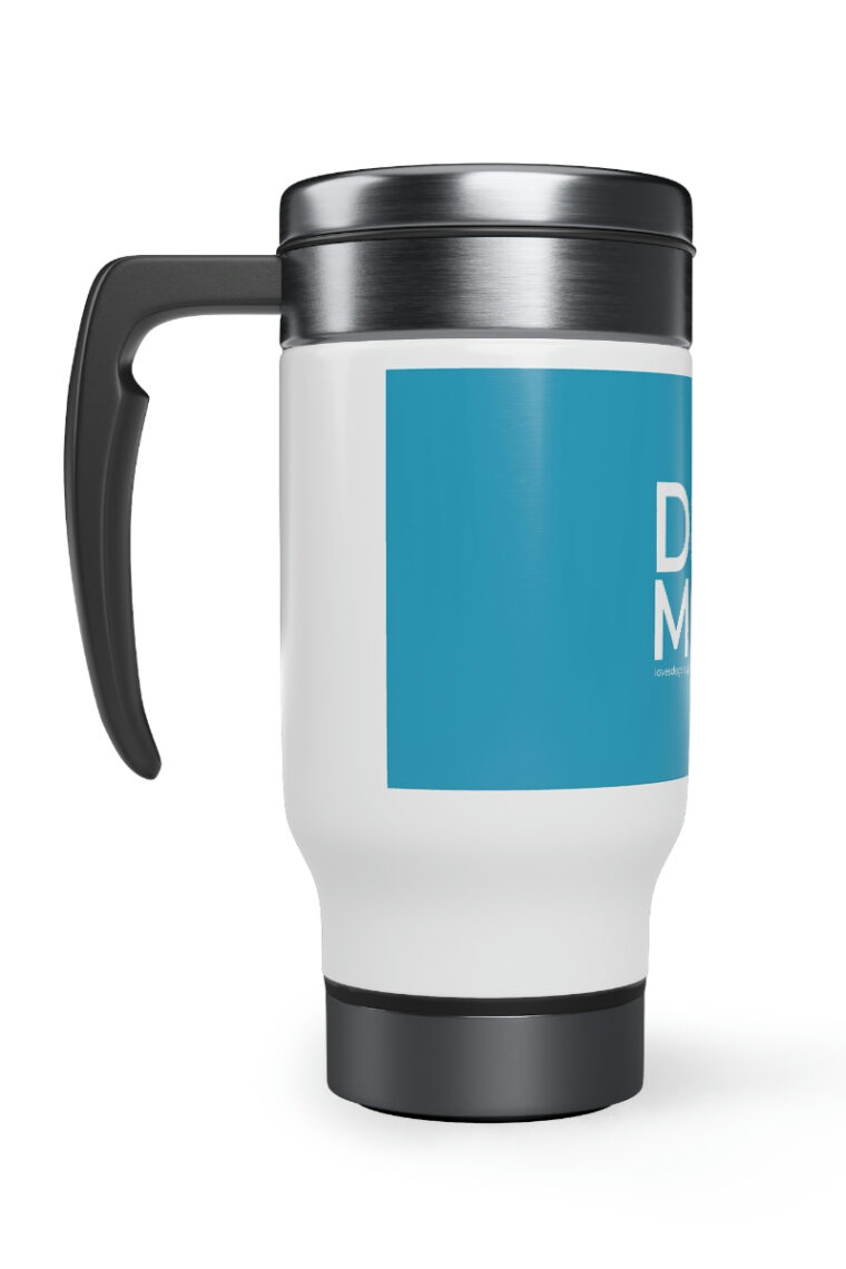 Dog Mom (white logo, turquoise) Stainless Steel Travel Mug with Handle, 14oz - Image 3