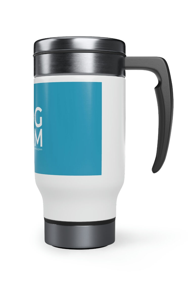 Dog Mom (white logo, turquoise) Stainless Steel Travel Mug with Handle, 14oz - Image 4