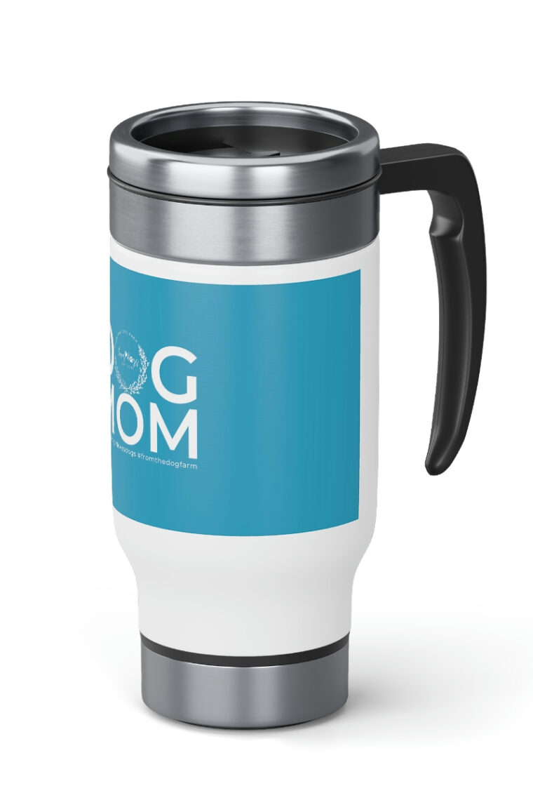 Dog Mom (white logo, turquoise) Stainless Steel Travel Mug with Handle, 14oz - Image 5