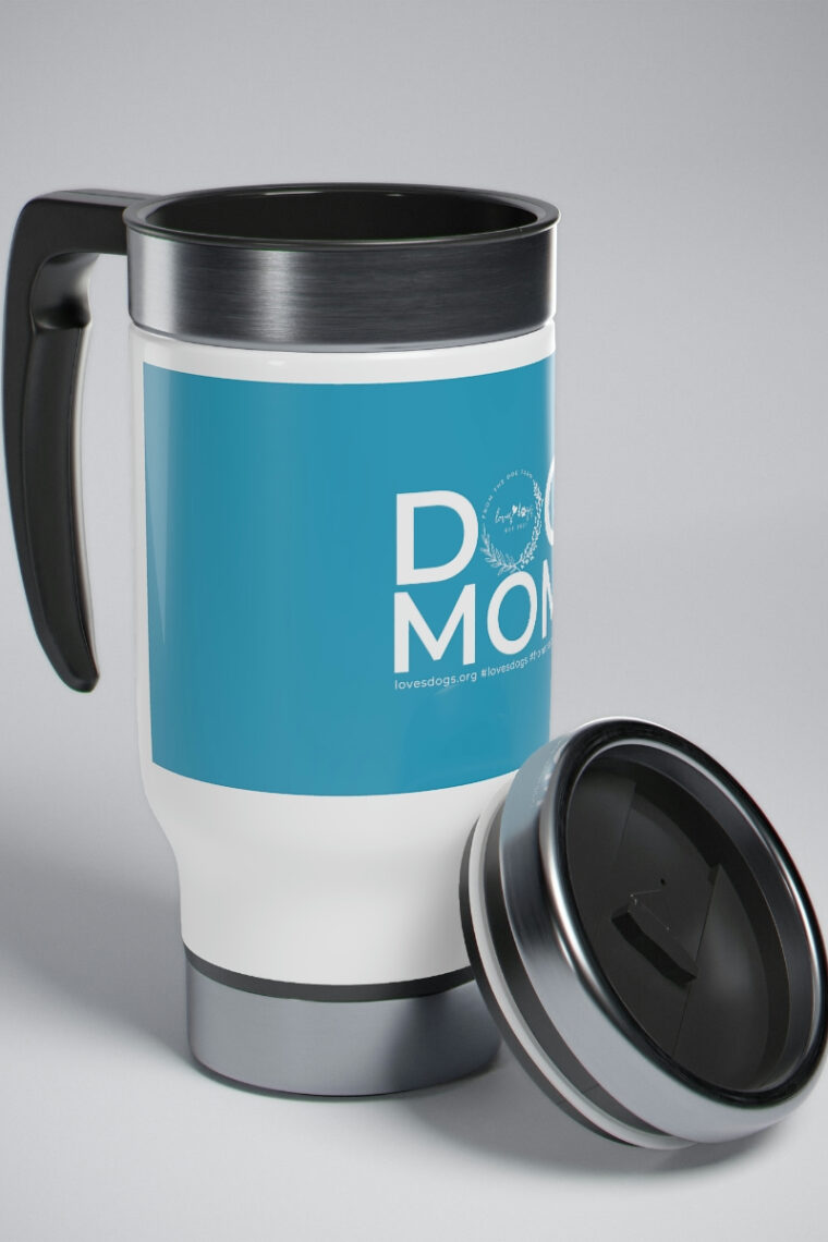 Dog Mom (white logo, turquoise) Stainless Steel Travel Mug with Handle, 14oz - Image 8