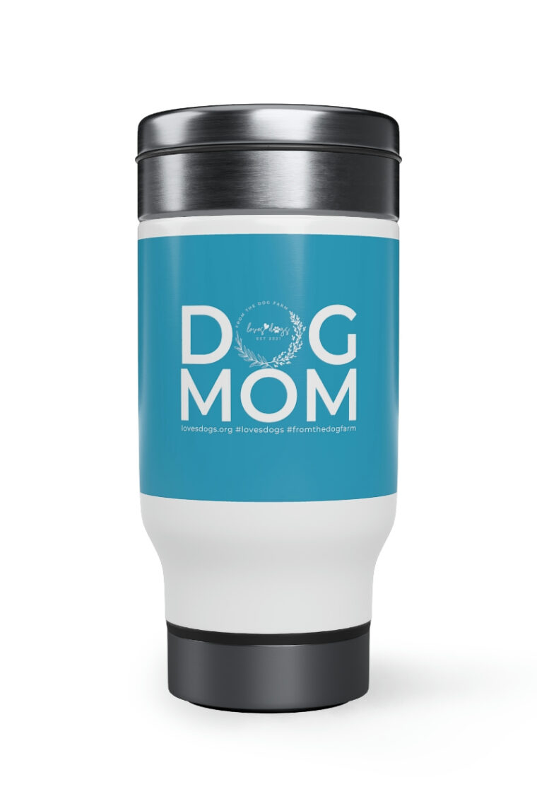 Dog Mom (white logo, turquoise) Stainless Steel Travel Mug with Handle, 14oz